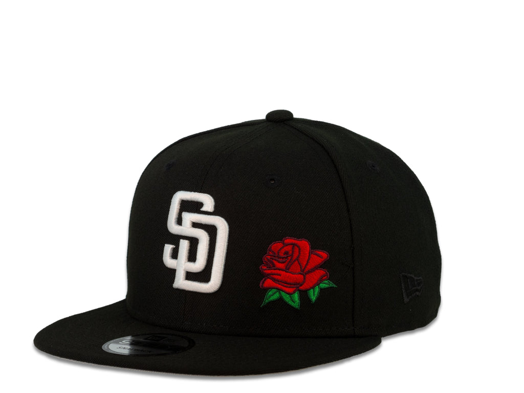 San Diego Padres New Era MLB 9Fifty 950 Snapback Cap Hat Black Crown White Logo with Rose Gray UV