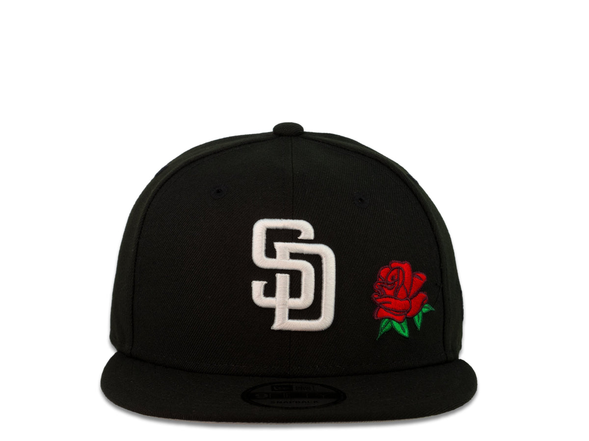 San Diego Padres New Era MLB 9Fifty 950 Snapback Cap Hat Black Crown White Logo with Rose Gray UV