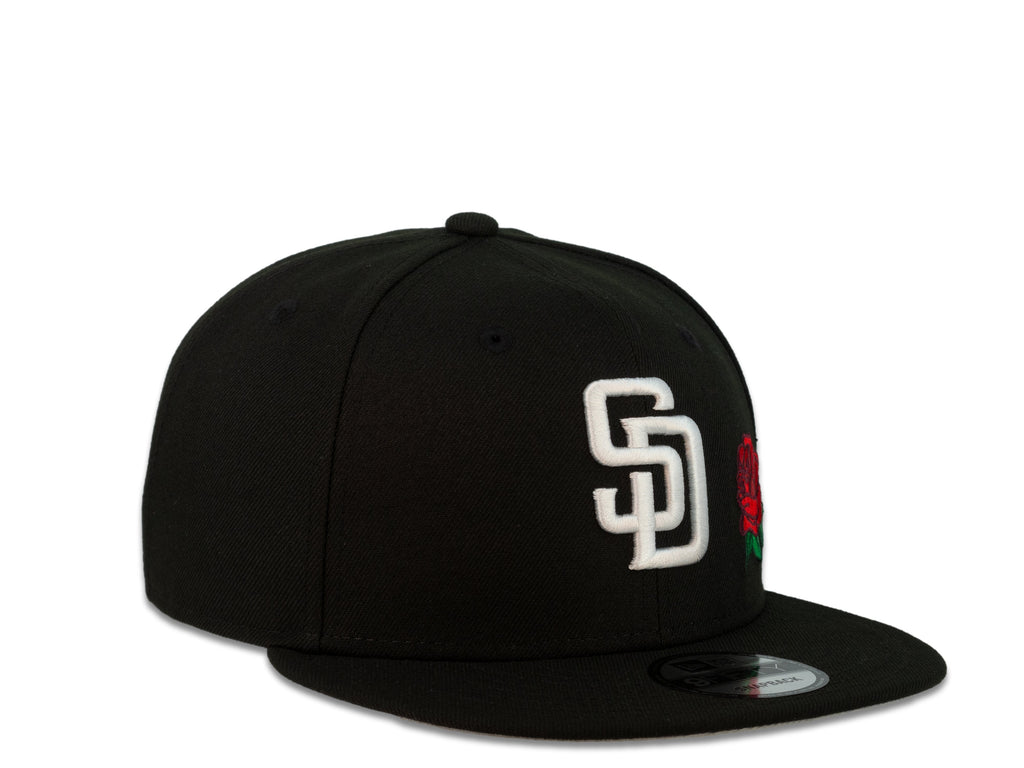 San Diego Padres New Era MLB 9Fifty 950 Snapback Cap Hat Black Crown White Logo with Rose Gray UV