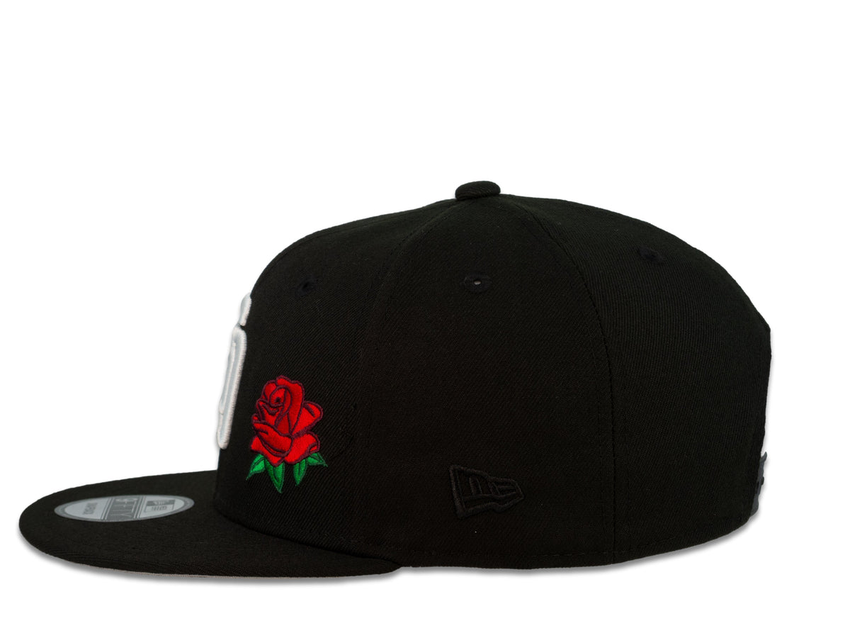 San Diego Padres New Era MLB 9Fifty 950 Snapback Cap Hat Black Crown White Logo with Rose Gray UV