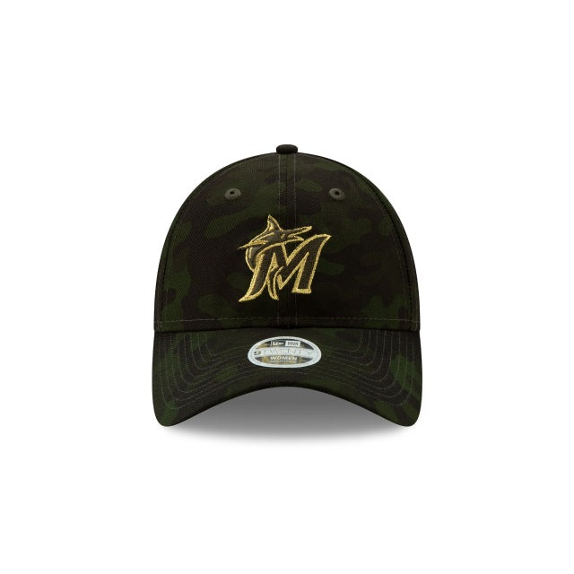 (Women) Miami Marlins New Era MLB 9TWENTY 920 Adjustable Cap Hat Camo Crown/Visor Golden Logo (2019 Armed Forces Day)