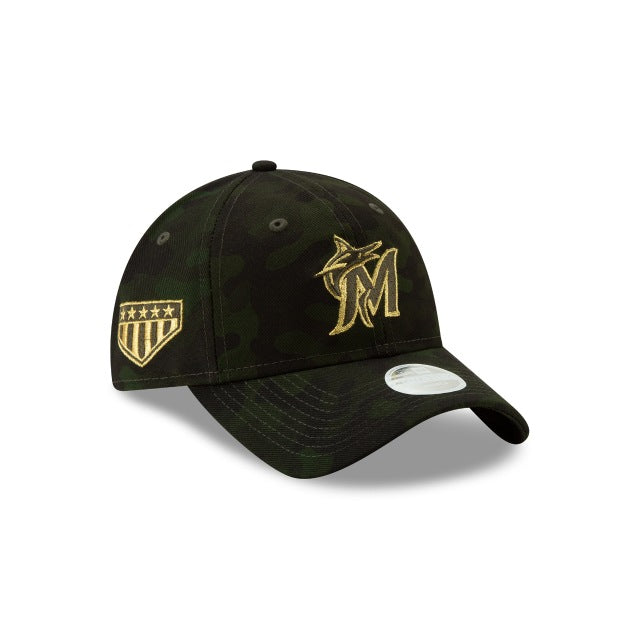 (Women) Miami Marlins New Era MLB 9TWENTY 920 Adjustable Cap Hat Camo Crown/Visor Golden Logo (2019 Armed Forces Day)