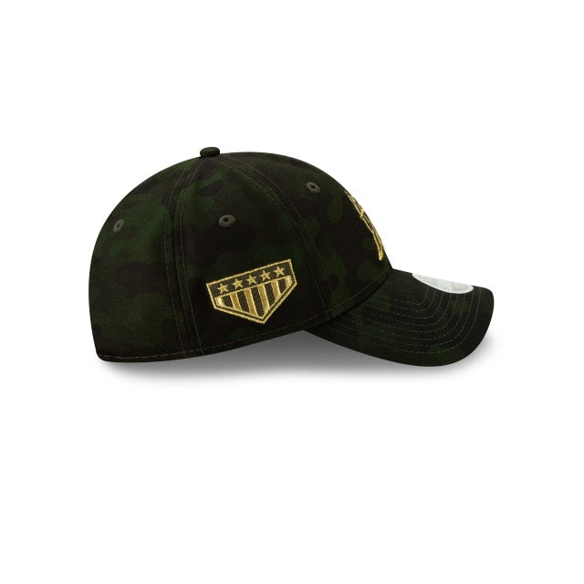 (Women) Miami Marlins New Era MLB 9TWENTY 920 Adjustable Cap Hat Camo Crown/Visor Golden Logo (2019 Armed Forces Day)