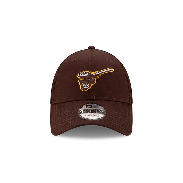 San Diego Padres New Era MLB 9Forty 940 The League Adjustable Trucker Mesh Cap Hat Dark Brown Crown/Visor Brown/White/Yellow Friar Logo