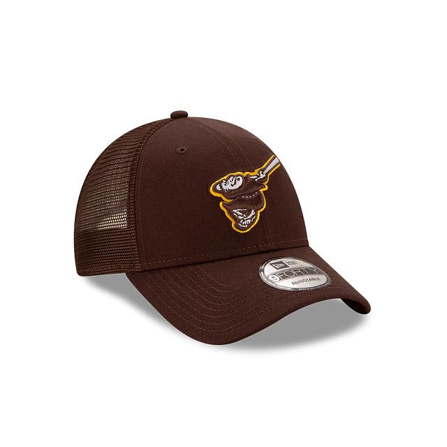 San Diego Padres New Era MLB 9Forty 940 The League Adjustable Trucker Mesh Cap Hat Dark Brown Crown/Visor Brown/White/Yellow Friar Logo