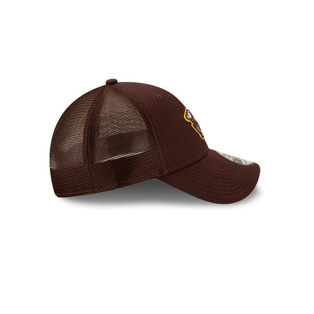 San Diego Padres New Era MLB 9Forty 940 The League Adjustable Trucker Mesh Cap Hat Dark Brown Crown/Visor Brown/White/Yellow Friar Logo