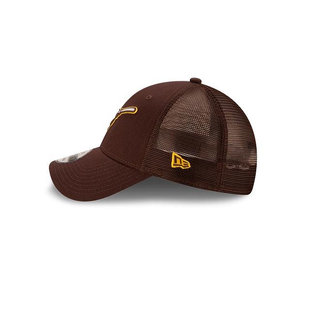 San Diego Padres New Era MLB 9Forty 940 The League Adjustable Trucker Mesh Cap Hat Dark Brown Crown/Visor Brown/White/Yellow Friar Logo