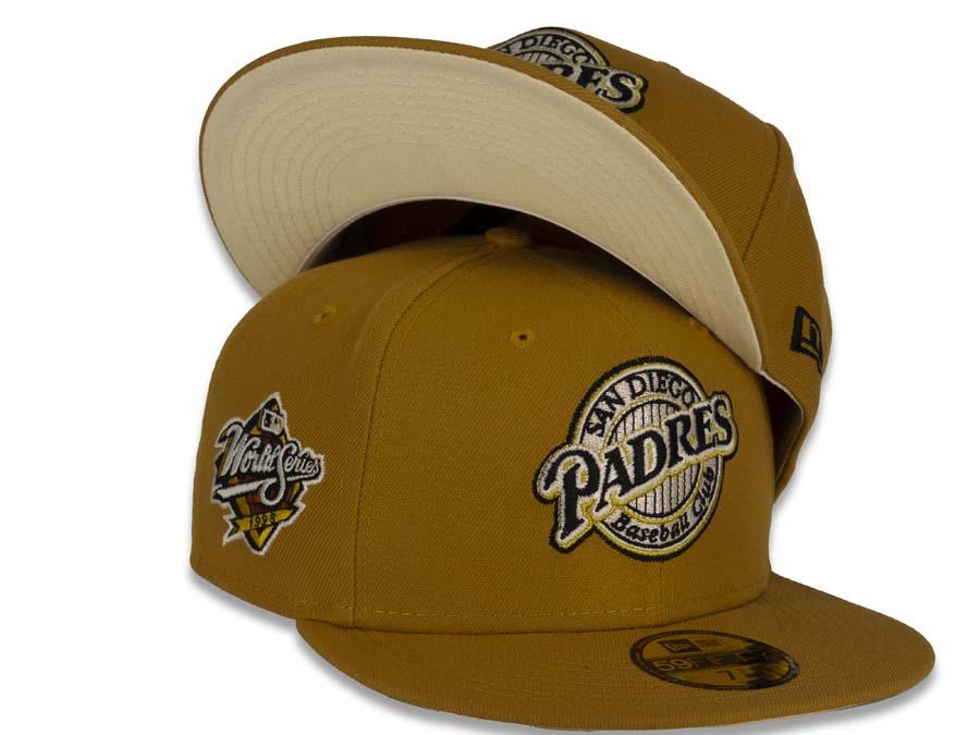 San Diego Padres New Era MLB 59Fifty 5950 Fitted Cap Hat Tan Crown/Visor Black/Metallic Gold Baseball Club Retro Logo 1998 World Series Side Patch