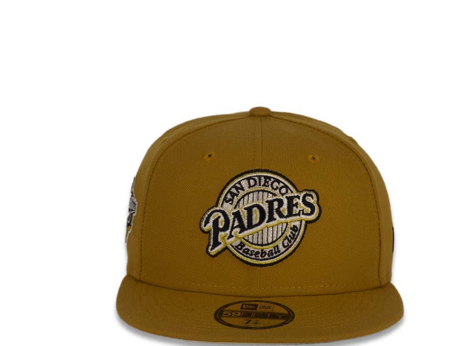 San Diego Padres New Era MLB 59Fifty 5950 Fitted Cap Hat Tan Crown/Visor Black/Metallic Gold Baseball Club Retro Logo 1998 World Series Side Patch