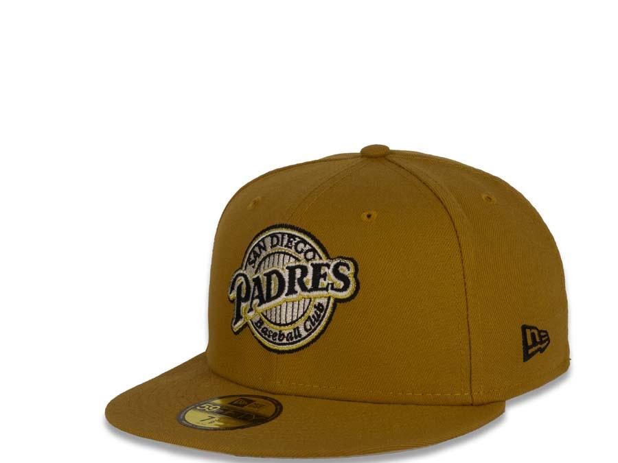 San Diego Padres New Era MLB 59Fifty 5950 Fitted Cap Hat Tan Crown/Visor Black/Metallic Gold Baseball Club Retro Logo 1998 World Series Side Patch