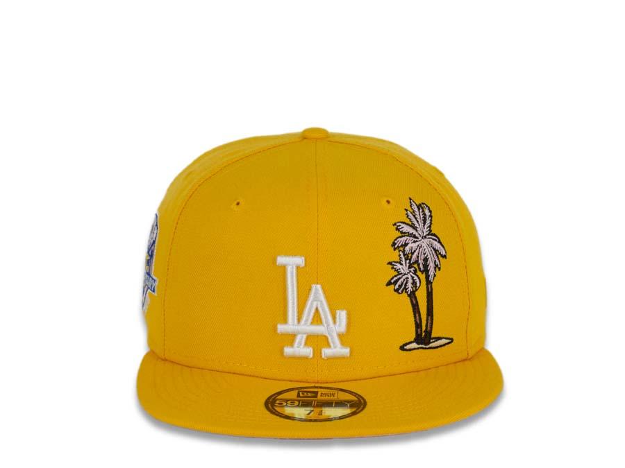 Los Angeles Dodgers New Era MLB 59Fifty 5950 Fitted Cap Hat Gold Crown/Visor White Logo with Palm Tree 50th Anniversary Side Patch Pink UV