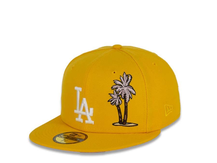 Los Angeles Dodgers New Era MLB 59Fifty 5950 Fitted Cap Hat Gold Crown/Visor White Logo with Palm Tree 50th Anniversary Side Patch Pink UV