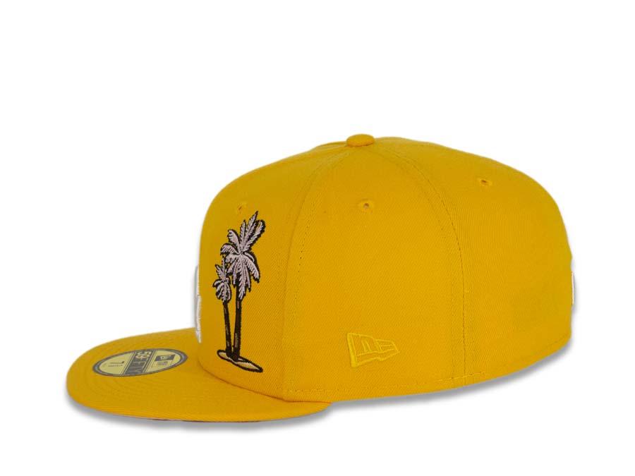 Los Angeles Dodgers New Era MLB 59Fifty 5950 Fitted Cap Hat Gold Crown/Visor White Logo with Palm Tree 50th Anniversary Side Patch Pink UV