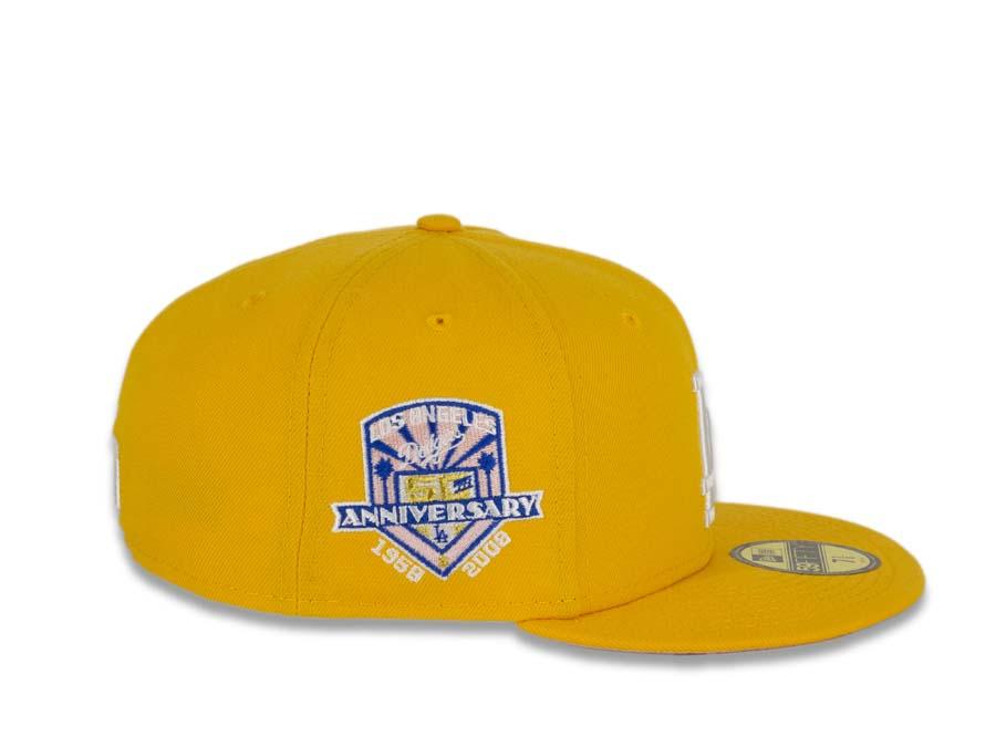 Los Angeles Dodgers New Era MLB 59Fifty 5950 Fitted Cap Hat Gold Crown/Visor White Logo with Palm Tree 50th Anniversary Side Patch Pink UV