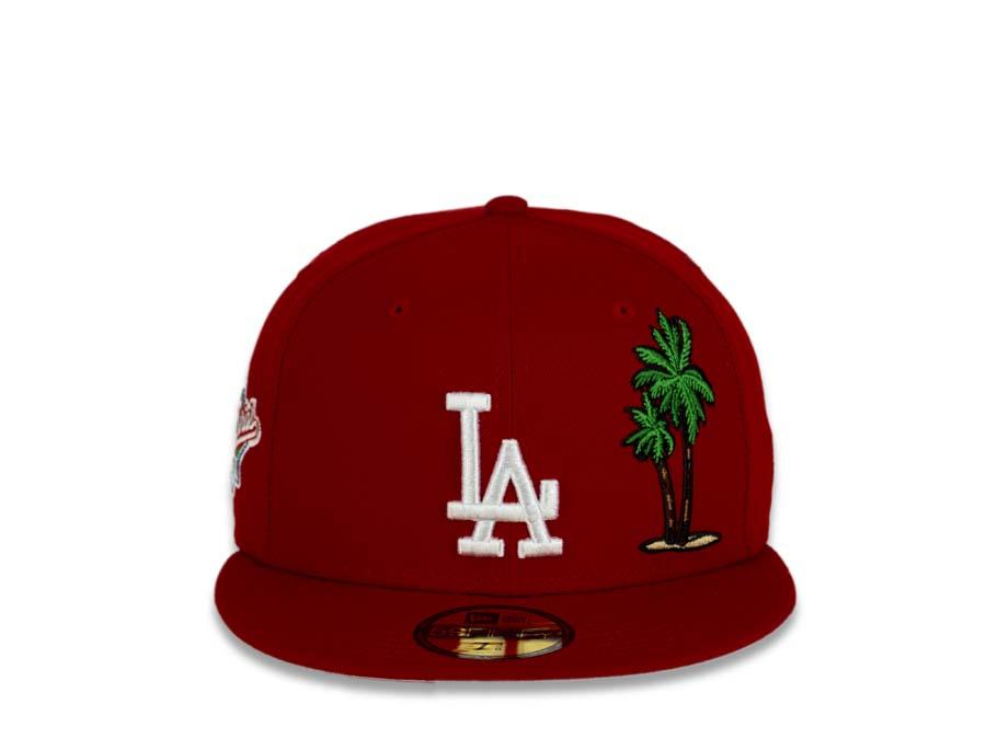 Los Angeles Dodgers New Era MLB 59Fifty 5950 Fitted Cap Hat Red Crown/Visor White Logo with Palm Tree 1988 World Series Side Patch Pink UV