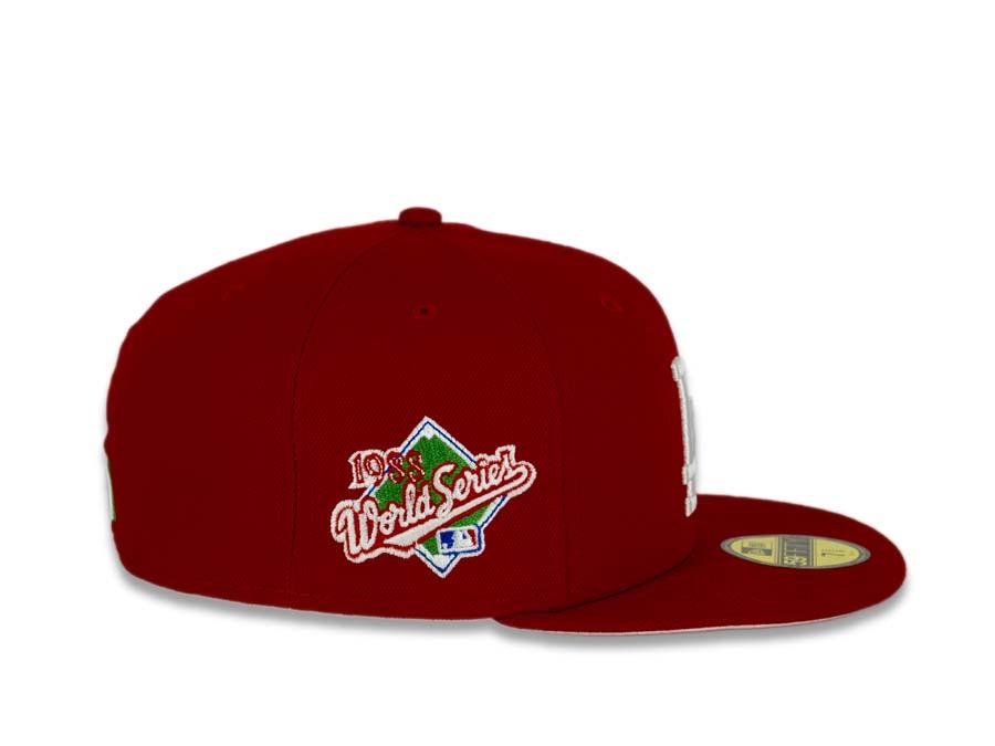 Los Angeles Dodgers New Era MLB 59Fifty 5950 Fitted Cap Hat Red Crown/Visor White Logo with Palm Tree 1988 World Series Side Patch Pink UV