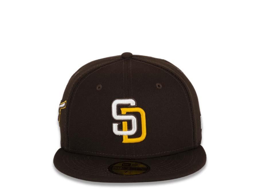 San Diego Padres New Era MLB 59Fifty 5950 Fitted Cap Hat Dark Brown Crown/Visor White/Gold Logo Friar Side Patch Black UV