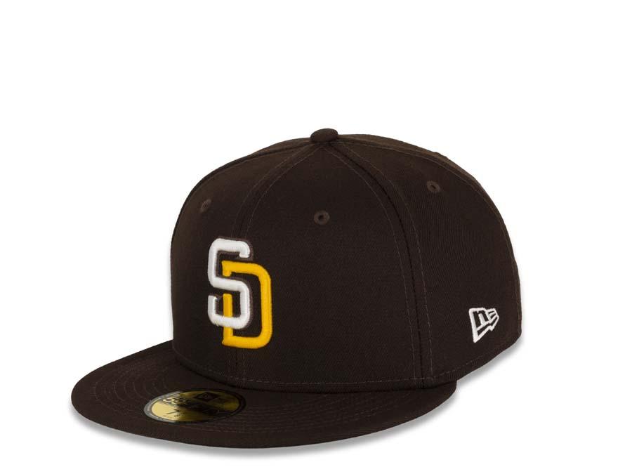 San Diego Padres New Era MLB 59Fifty 5950 Fitted Cap Hat Dark Brown Crown/Visor White/Gold Logo Friar Side Patch Black UV