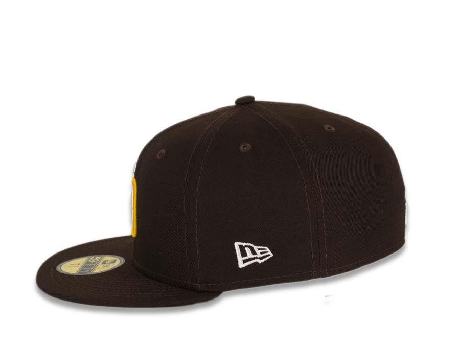 San Diego Padres New Era MLB 59Fifty 5950 Fitted Cap Hat Dark Brown Crown/Visor White/Gold Logo Friar Side Patch Black UV