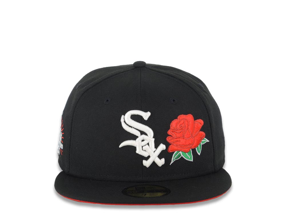 Chicago White Sox New Era MLB 59FIFTY 5950 Fitted Cap Hat Black Crown/Visor White Logo with Rose 2005 World Series Side Patch