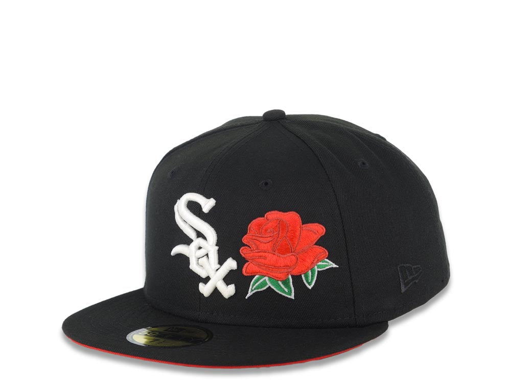 Chicago White Sox New Era MLB 59FIFTY 5950 Fitted Cap Hat Black Crown/Visor White Logo with Rose 2005 World Series Side Patch