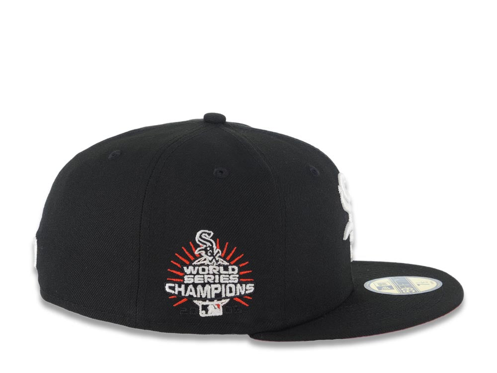 Chicago White Sox New Era MLB 59FIFTY 5950 Fitted Cap Hat Black Crown/Visor White Logo with Rose 2005 World Series Side Patch