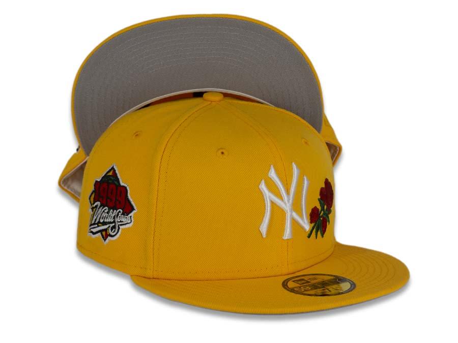 New York Yankees New Era MLB 59Fifty 5950 Fitted Cap Hat Gold Crown/Visor White Logo with Rose 1999 World Series Side Patch Gray UV