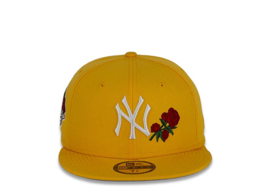 New York Yankees New Era MLB 59Fifty 5950 Fitted Cap Hat Gold Crown/Visor White Logo with Rose 1999 World Series Side Patch Gray UV