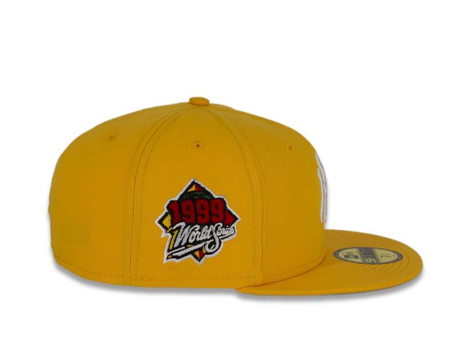 New York Yankees New Era MLB 59Fifty 5950 Fitted Cap Hat Gold Crown/Visor White Logo with Rose 1999 World Series Side Patch Gray UV