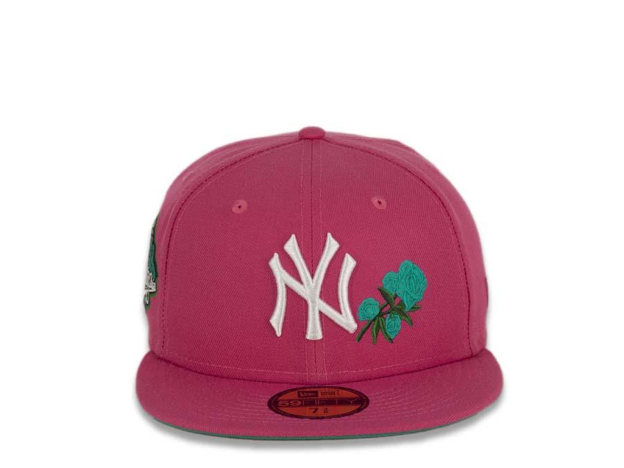 New York Yankees New Era MLB 59Fifty 5950 Fitted Cap Hat Beetroot Purple Crown/Visor White Logo with Roses 1999 World Series Side Patch Teal UV