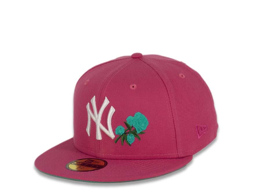New York Yankees New Era MLB 59Fifty 5950 Fitted Cap Hat Beetroot Purple Crown/Visor White Logo with Roses 1999 World Series Side Patch Teal UV