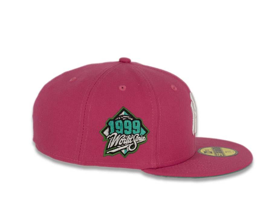 New York Yankees New Era MLB 59Fifty 5950 Fitted Cap Hat Beetroot Purple Crown/Visor White Logo with Roses 1999 World Series Side Patch Teal UV