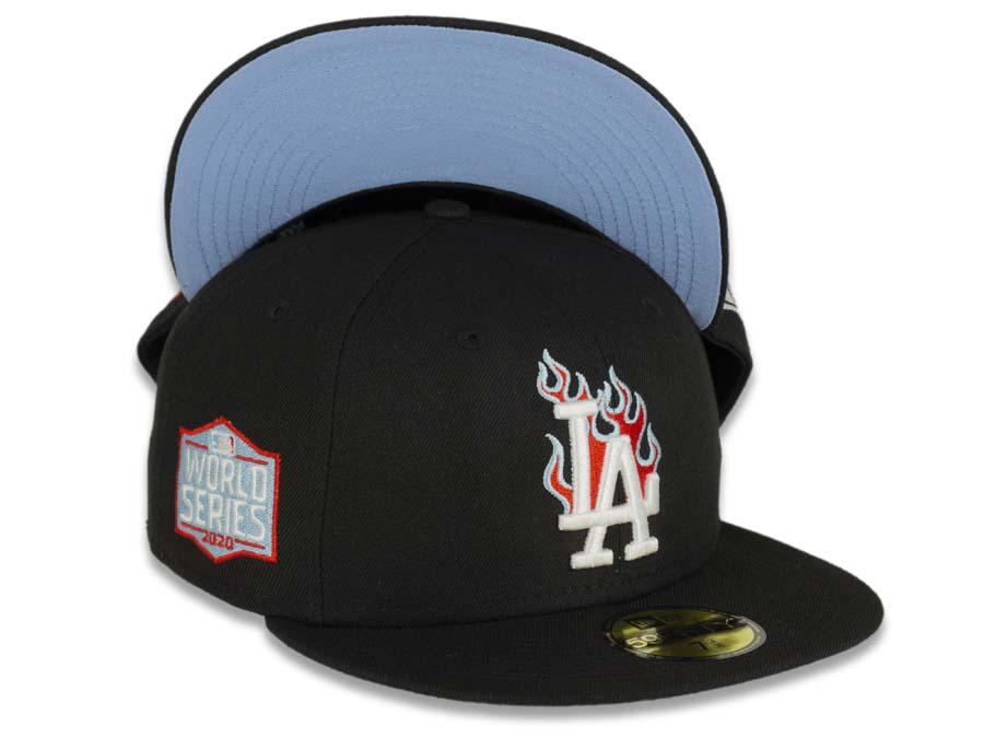 Los Angeles Dodgers New Era MLB 59FIFTY 5950 Fitted Cap Hat Black Crown/Visor White/Red/Sky Blue Logo Team Fire Flame