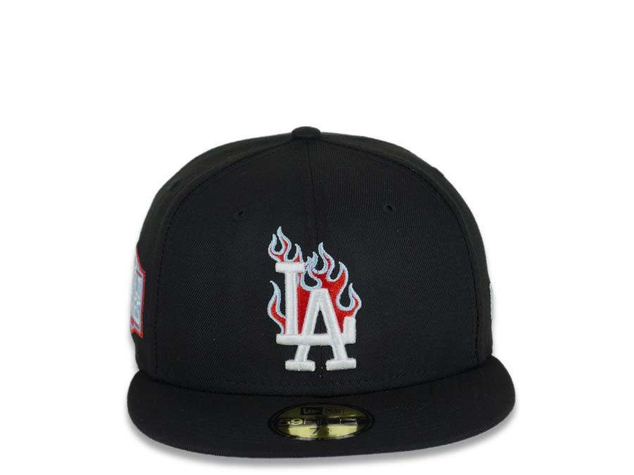 Los Angeles Dodgers New Era MLB 59FIFTY 5950 Fitted Cap Hat Black Crown/Visor White/Red/Sky Blue Logo Team Fire Flame