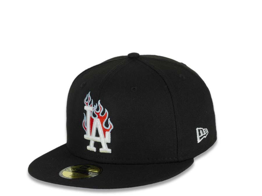 Los Angeles Dodgers New Era MLB 59FIFTY 5950 Fitted Cap Hat Black Crown/Visor White/Red/Sky Blue Logo Team Fire Flame