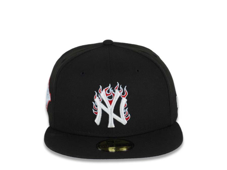 New York Yankees New Era MLB 59FIFTY 5950 Fitted Cap Hat Black Crown/Visor White/Red/Sky Blue Logo Team Fire Flame