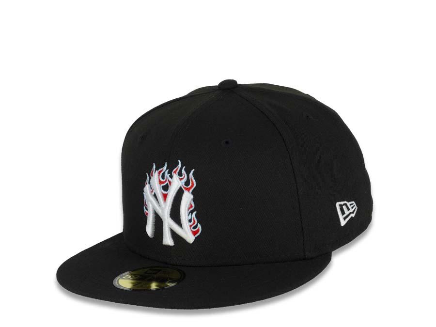 New York Yankees New Era MLB 59FIFTY 5950 Fitted Cap Hat Black Crown/Visor White/Red/Sky Blue Logo Team Fire Flame