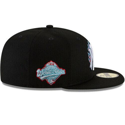 New York Yankees New Era MLB 59FIFTY 5950 Fitted Cap Hat Black Crown/Visor White/Red/Sky Blue Logo Team Fire Flame