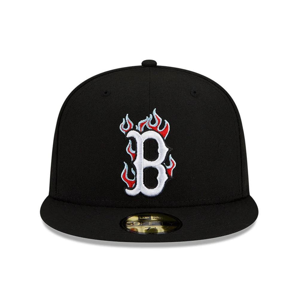 Boston Red Sox New Era MLB 59FIFTY 5950 Fitted Cap Hat Black Crown/Visor White/Red/Sky Blue Logo Team Fire Flame
