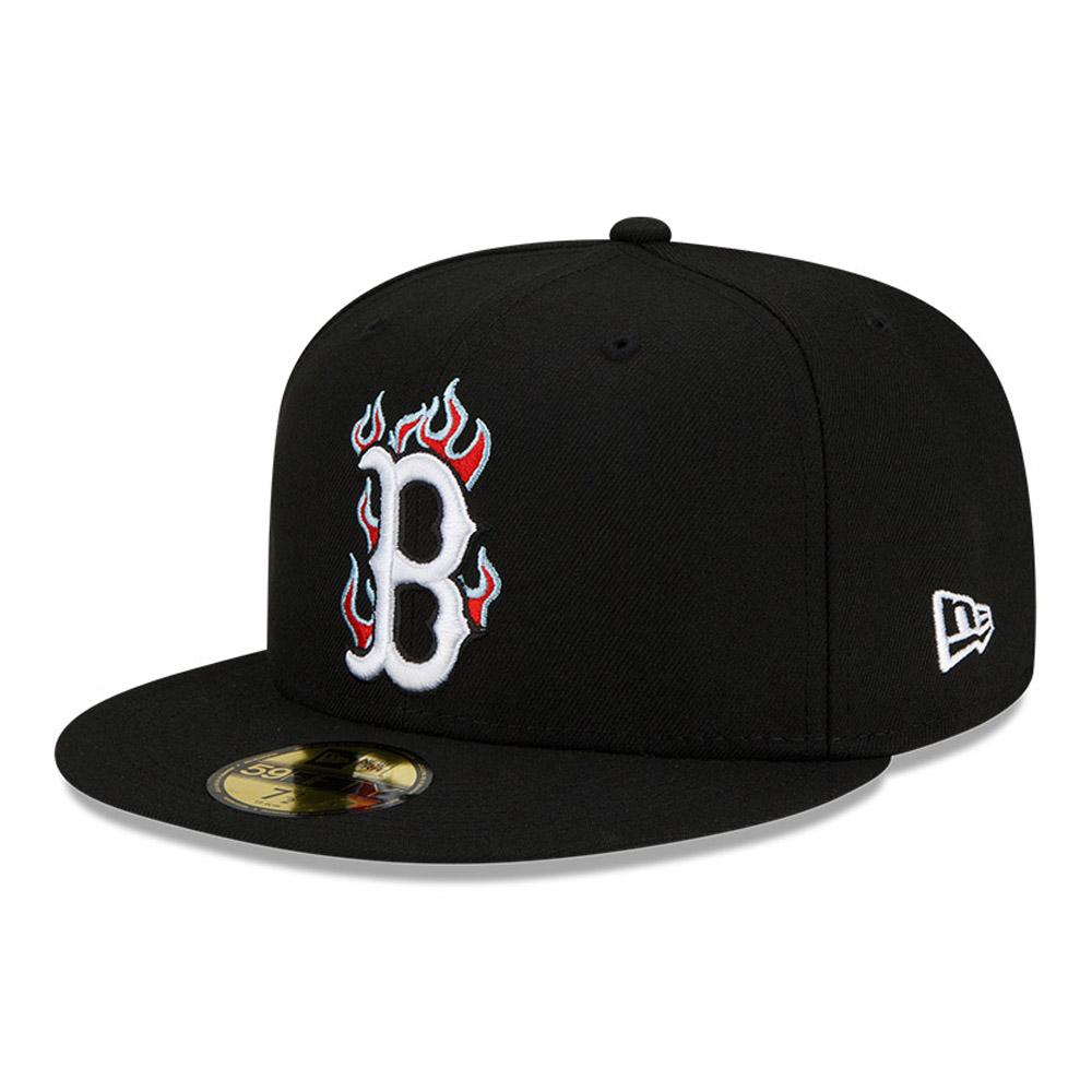 Boston Red Sox New Era MLB 59FIFTY 5950 Fitted Cap Hat Black Crown/Visor White/Red/Sky Blue Logo Team Fire Flame