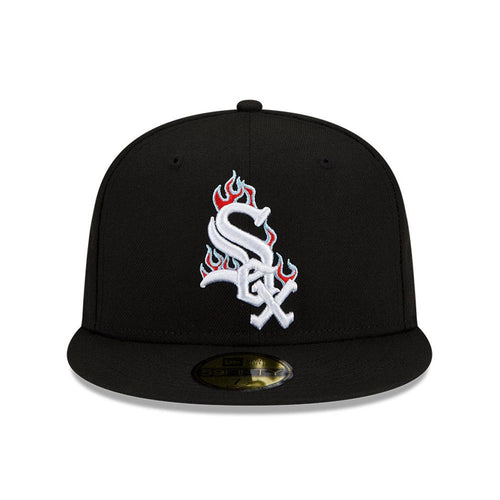Chicago White Sox New Era MLB 59FIFTY 5950 Fitted Cap Hat Black Crown/Visor White/Red/Sky Blue Logo Team Fire Flame
