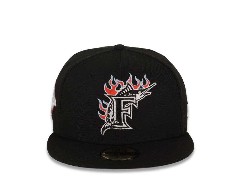 Florida Marlins New Era MLB 59FIFTY 5950 Fitted Cap Hat Black Crown/Visor White/Red/Sky Blue Logo Sky Blue UV Team Fire Flame