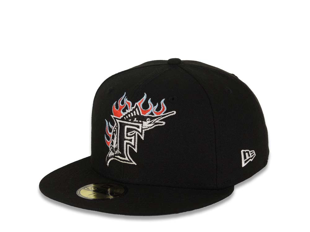 Florida Marlins New Era MLB 59FIFTY 5950 Fitted Cap Hat Black Crown/Visor White/Red/Sky Blue Logo Sky Blue UV Team Fire Flame