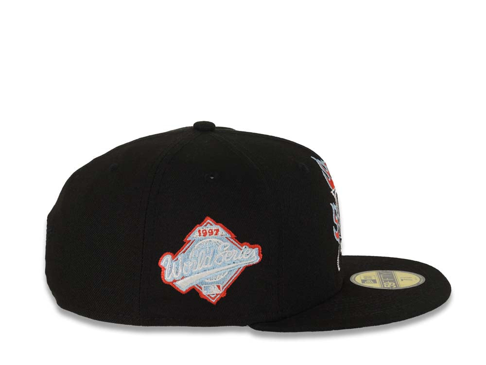 Florida Marlins New Era MLB 59FIFTY 5950 Fitted Cap Hat Black Crown/Visor White/Red/Sky Blue Logo Sky Blue UV Team Fire Flame
