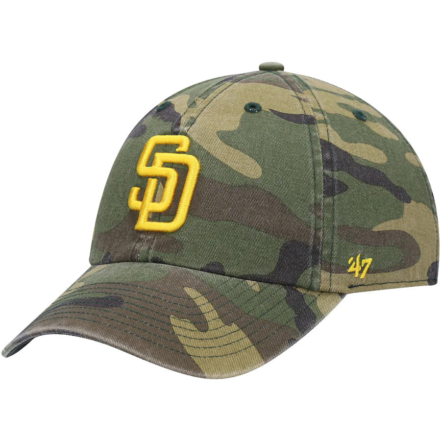 San Diego Padres '47 Brand MLB Clean Up Adjustable Cap Hat Camo Crown/Visor Yellow Logo