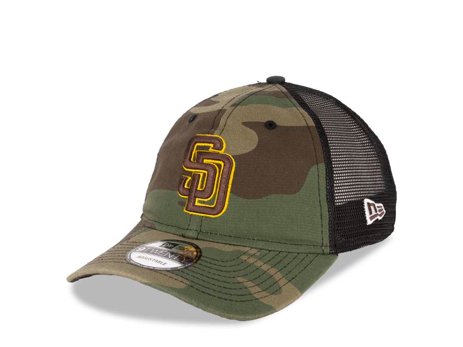 San Diego Padres New Era MLB 9TWENTY 920 Mesh Trucker Adjustable Cap Hat Camo/Black Crown/Visor Brown/Yellow Logo