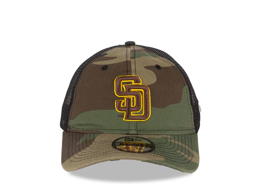 San Diego Padres New Era MLB 9TWENTY 920 Mesh Trucker Adjustable Cap Hat Camo/Black Crown/Visor Brown/Yellow Logo