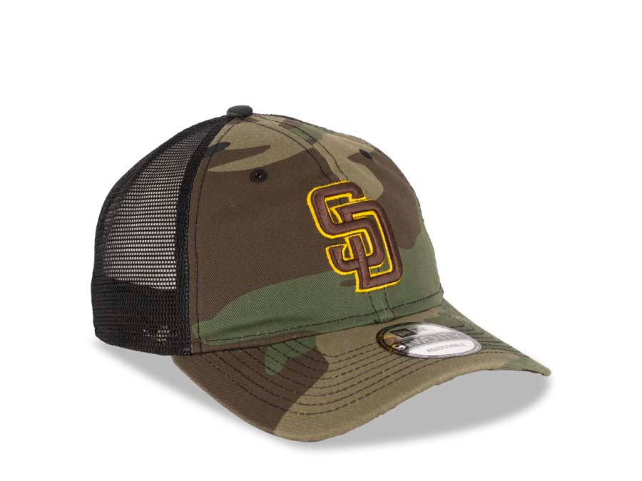 San Diego Padres New Era MLB 9TWENTY 920 Mesh Trucker Adjustable Cap Hat Camo/Black Crown/Visor Brown/Yellow Logo