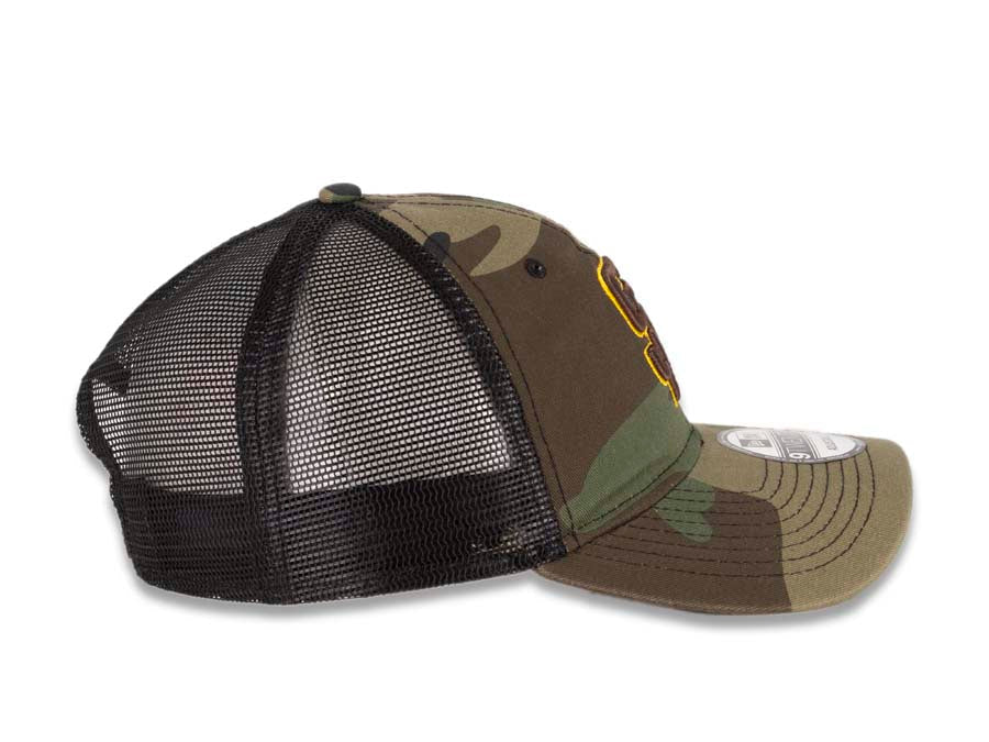San Diego Padres New Era MLB 9TWENTY 920 Mesh Trucker Adjustable Cap Hat Camo/Black Crown/Visor Brown/Yellow Logo
