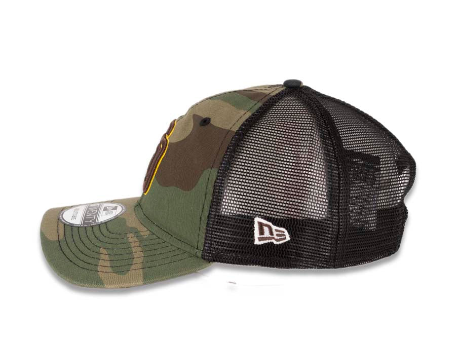 San Diego Padres New Era MLB 9TWENTY 920 Mesh Trucker Adjustable Cap Hat Camo/Black Crown/Visor Brown/Yellow Logo